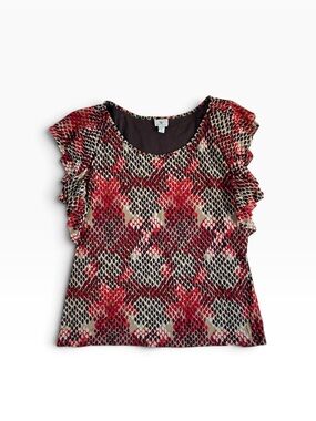 Worthington Red, Cream & Brown Patterned Ruffle Sleeve Top